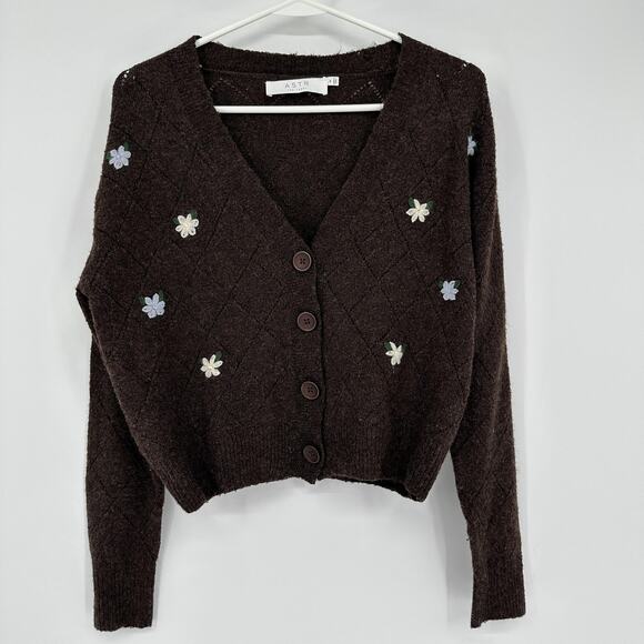 ASTR The Label Cardigan Womens Small Brown Embroidered Preppy Cropped Daisy - Picture 1 of 10